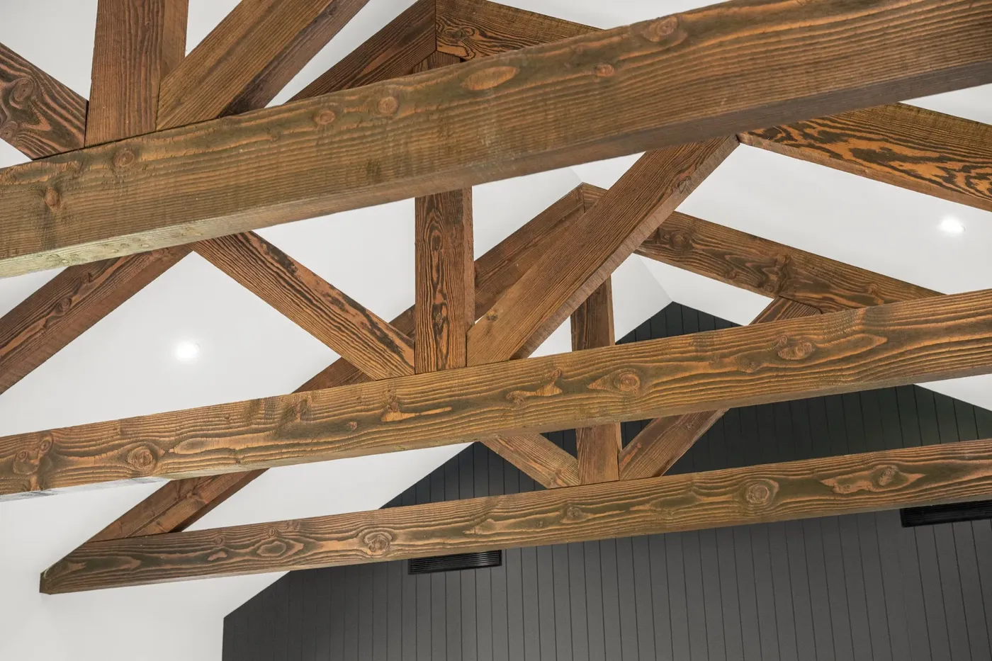 Exposed timber truss detail, an example of Atwell Built craftsmanship