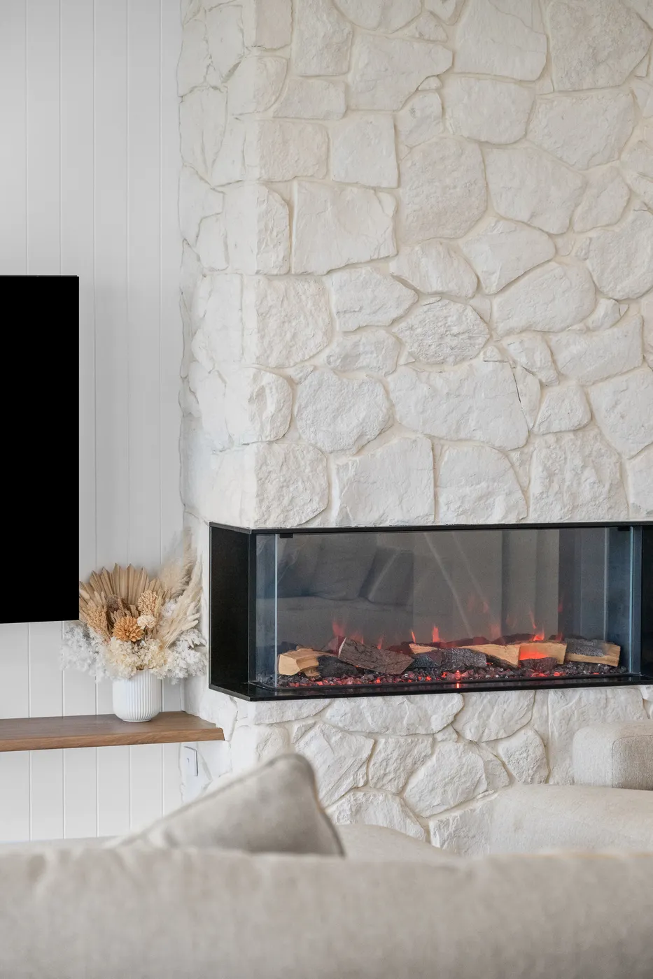 Stone fireplace detail at Lake Gillear