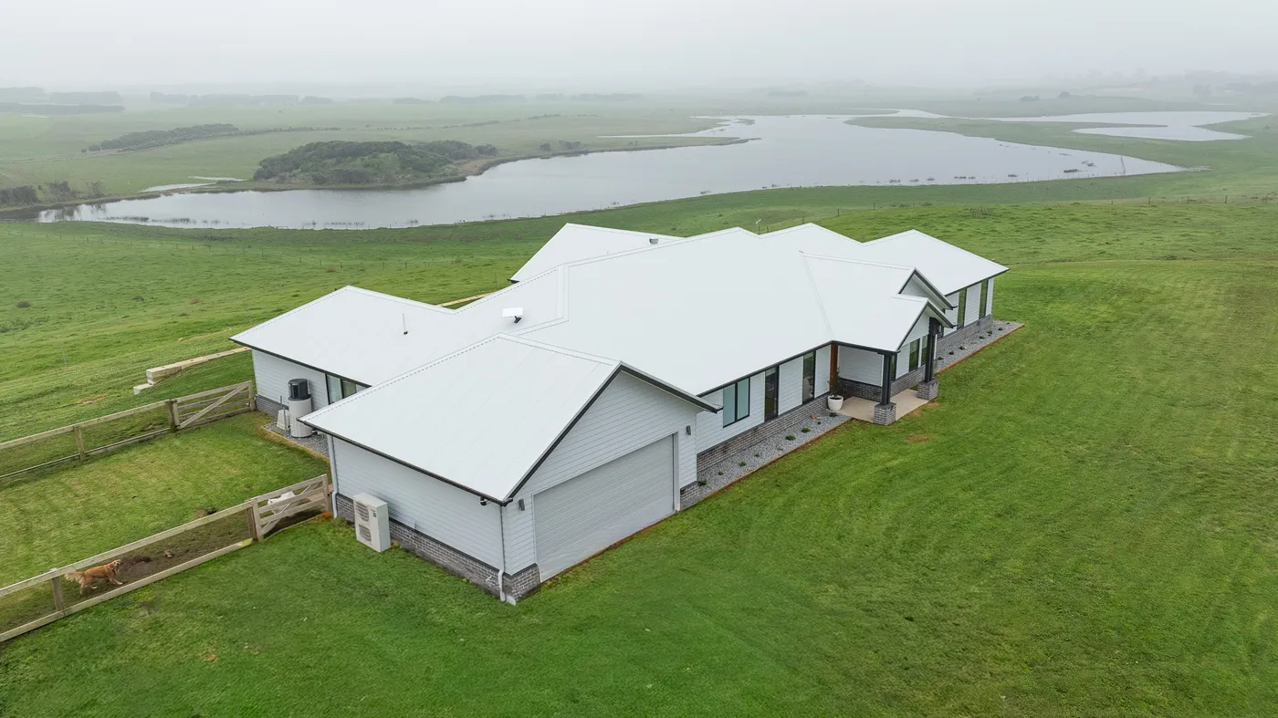 Aerial over the Lake Gillear home with the lake beyond